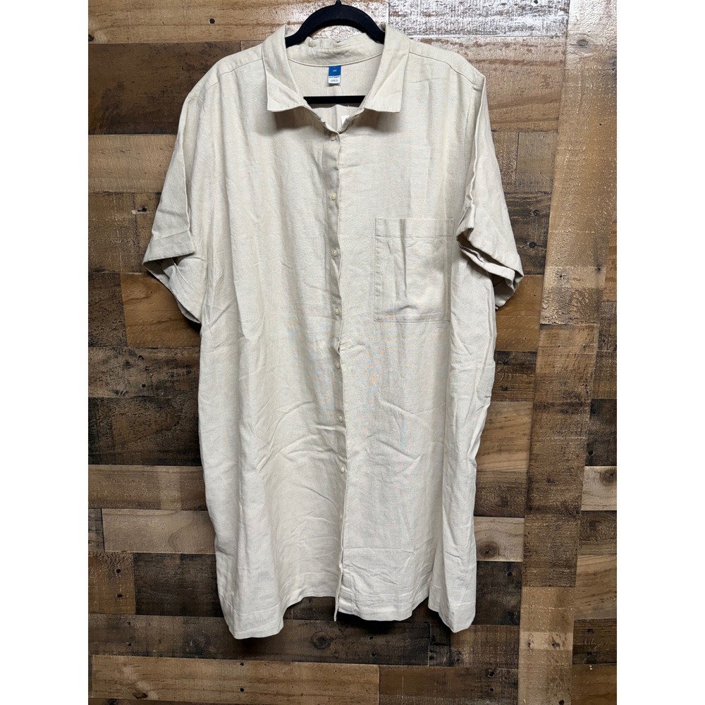 Old Navy Linen Blend Button Front Shirt Dress Oatmeal Beige Short Sleeve 4X NEW